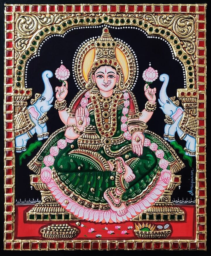 Gajalakshmi - Green Saree - authentic Tanjore painting, ships across the USA
