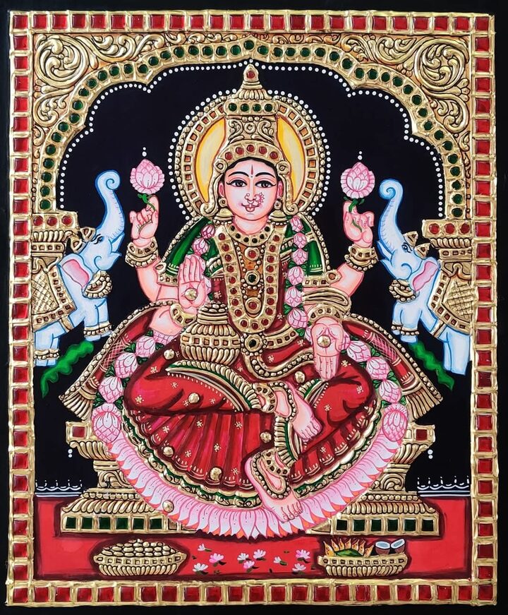 Gajalakshmi - Red Saree - authentic Tanjore painting, ships across the USA