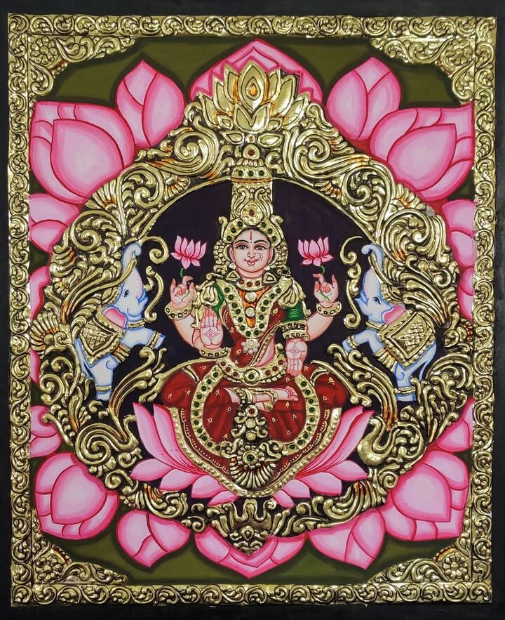 Gajalakshmi with Lotus Frame - authentic Tanjore painting, ships across the USA
