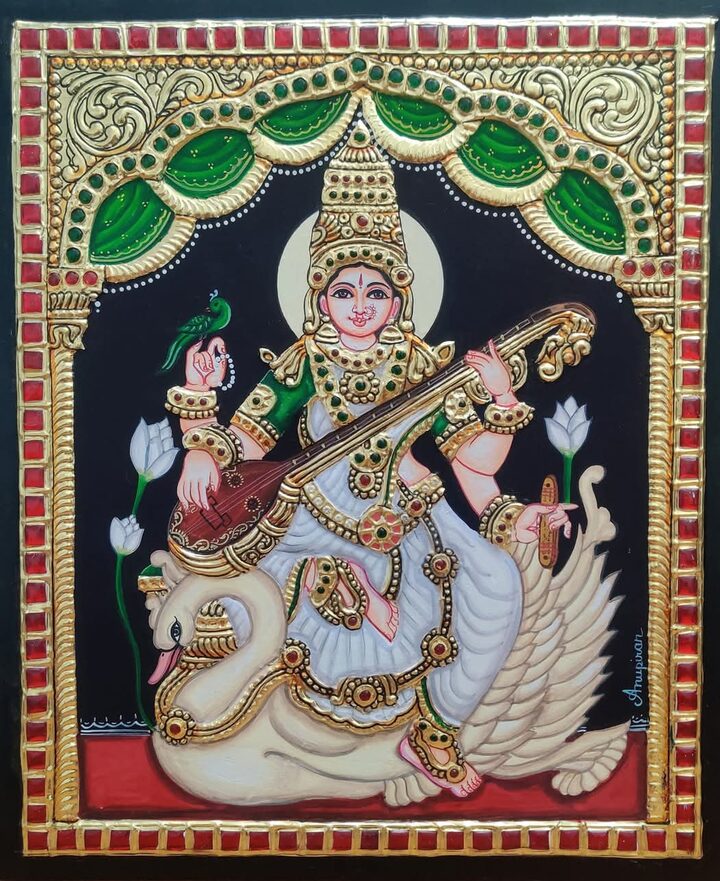 Goddess Saraswathi - authentic Tanjore painting, ships across the USA