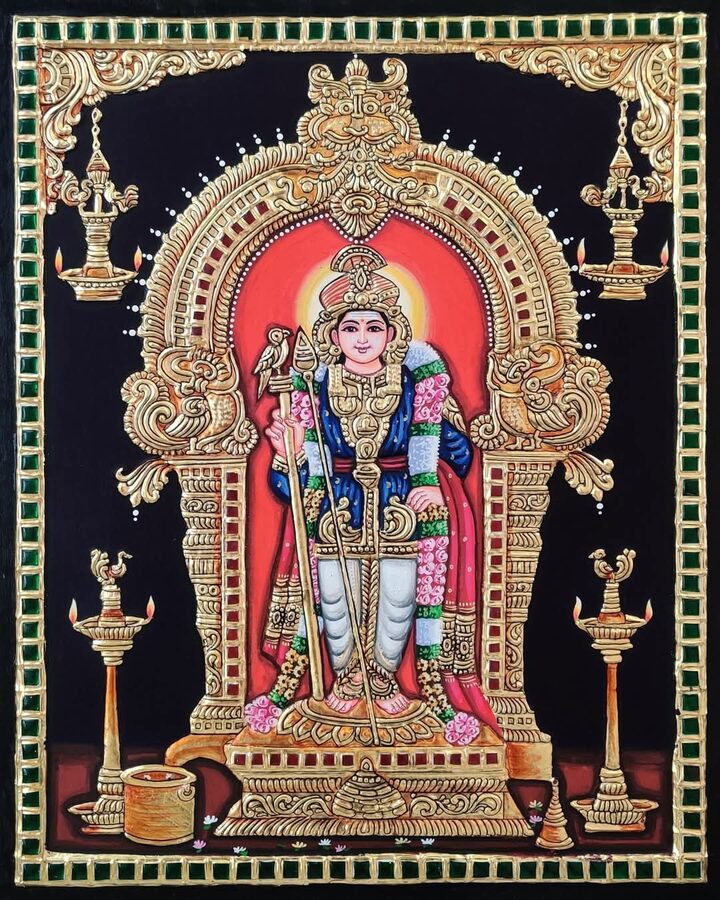Lord Murugan - Karthikeyan - authentic Tanjore painting, ships across the USA