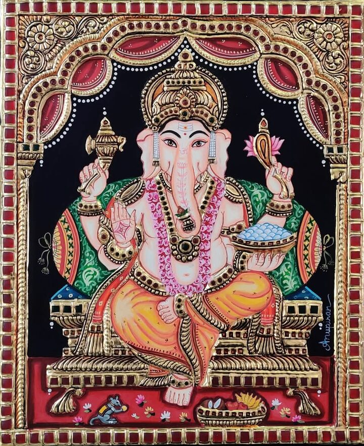 Lord Ganesha - Pillayar - authentic Tanjore painting, ships across the USA