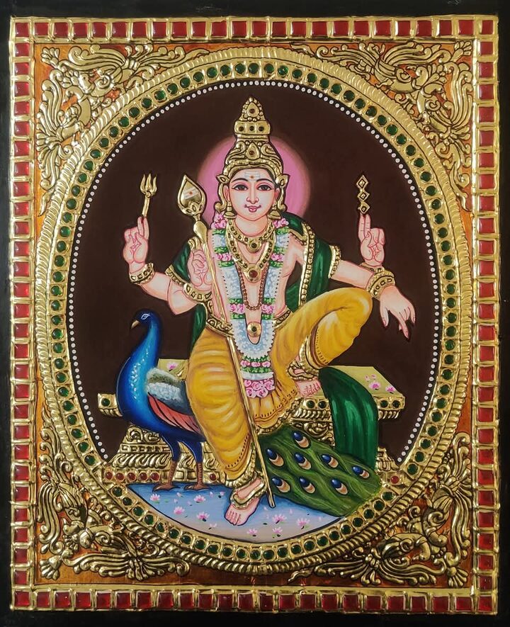 Murugan on Peacock - authentic Tanjore painting, ships across the USA