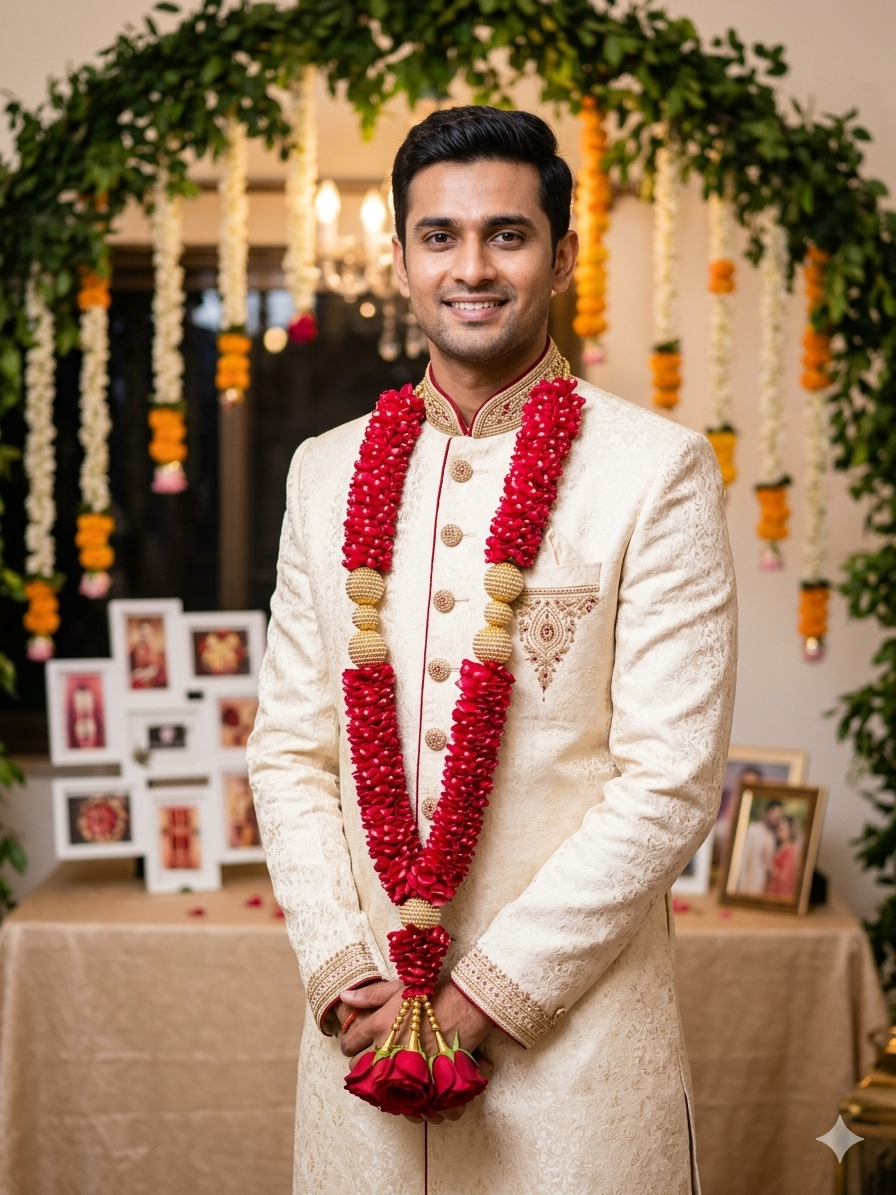 Crimson Opulence - Red Rose Petal & Gold Bead Garland — Handcrafted in Illinois | Ships USA - Indian wedding garland handcrafted in Plainfield, Illinois